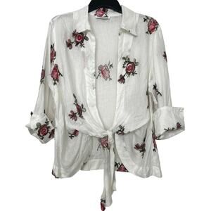 Mishca Linen Floral Embroidered Open Tie Front Blouse Cottage Boho Romantic  L